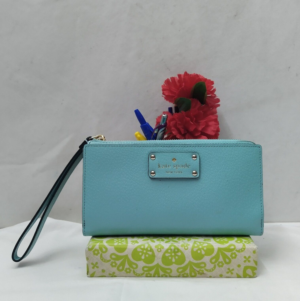 Kate Spade New York Blue Leather Credit Card Zipper Closure Wristlet - Wallet
